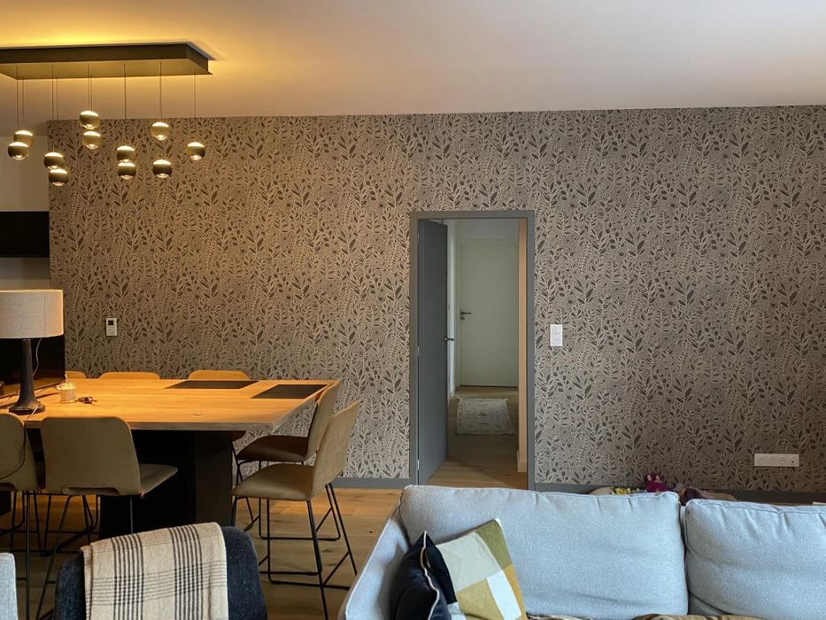 Chantier de rénovation intérieure en cours avec mur accent peint en terre cuite orange dans une pièce aux murs blancs. Prises électriques et interrupteurs noirs installés, câbles apparents en attente de finition. Sol protégé par bâche plastique.