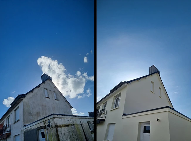 Chantier de rénovation de façade d'immeuble avec ouvrier travaillant sur échafaudage tubulaire métallique